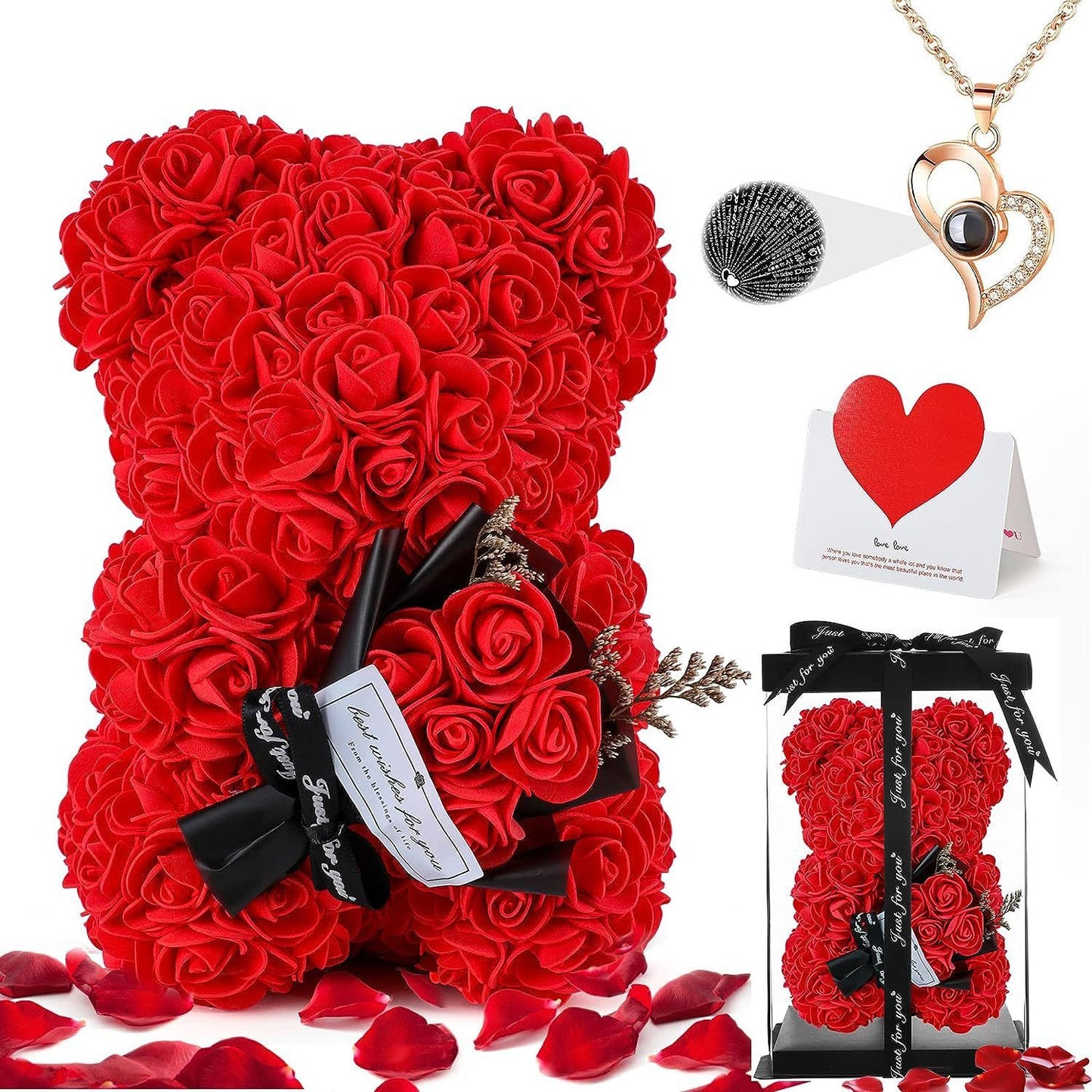 Rose Bear Gift Set with Necklace & Card – Perfect for Any Occasion