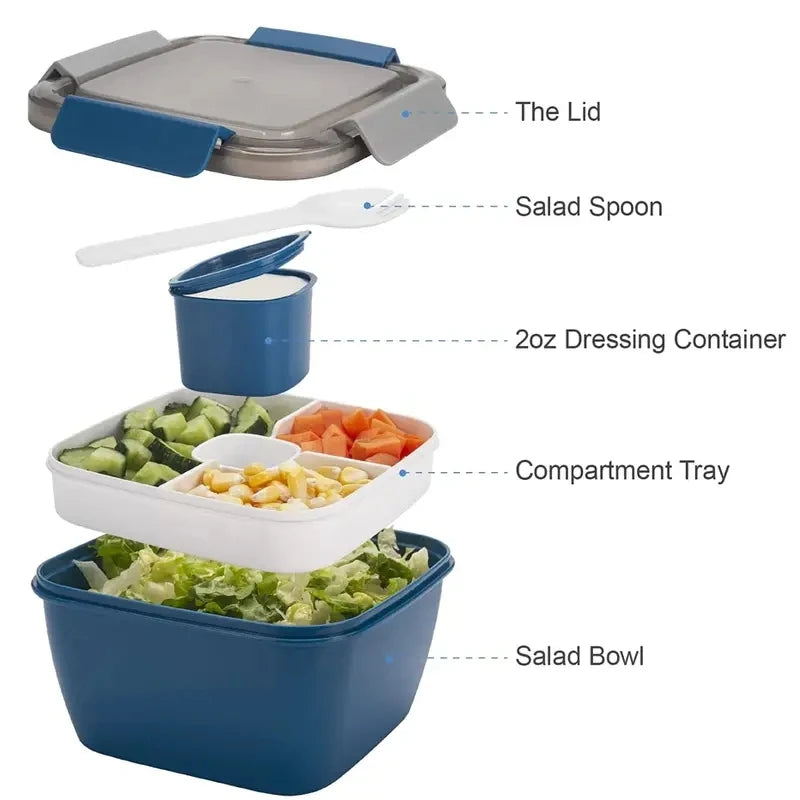 Salad lunch box, 37-oz bowl, 3 compartments, 2-oz sauce container for toppings or snacks.