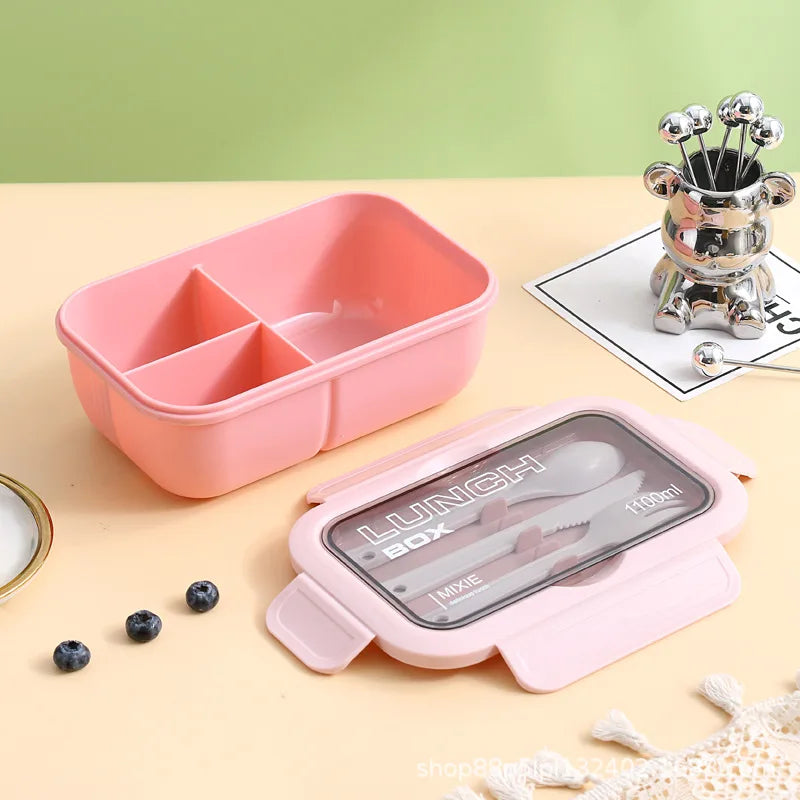 1100ML lunch box for adults and students, 3-compartment leakproof bento box with fork, spoon, and knife.