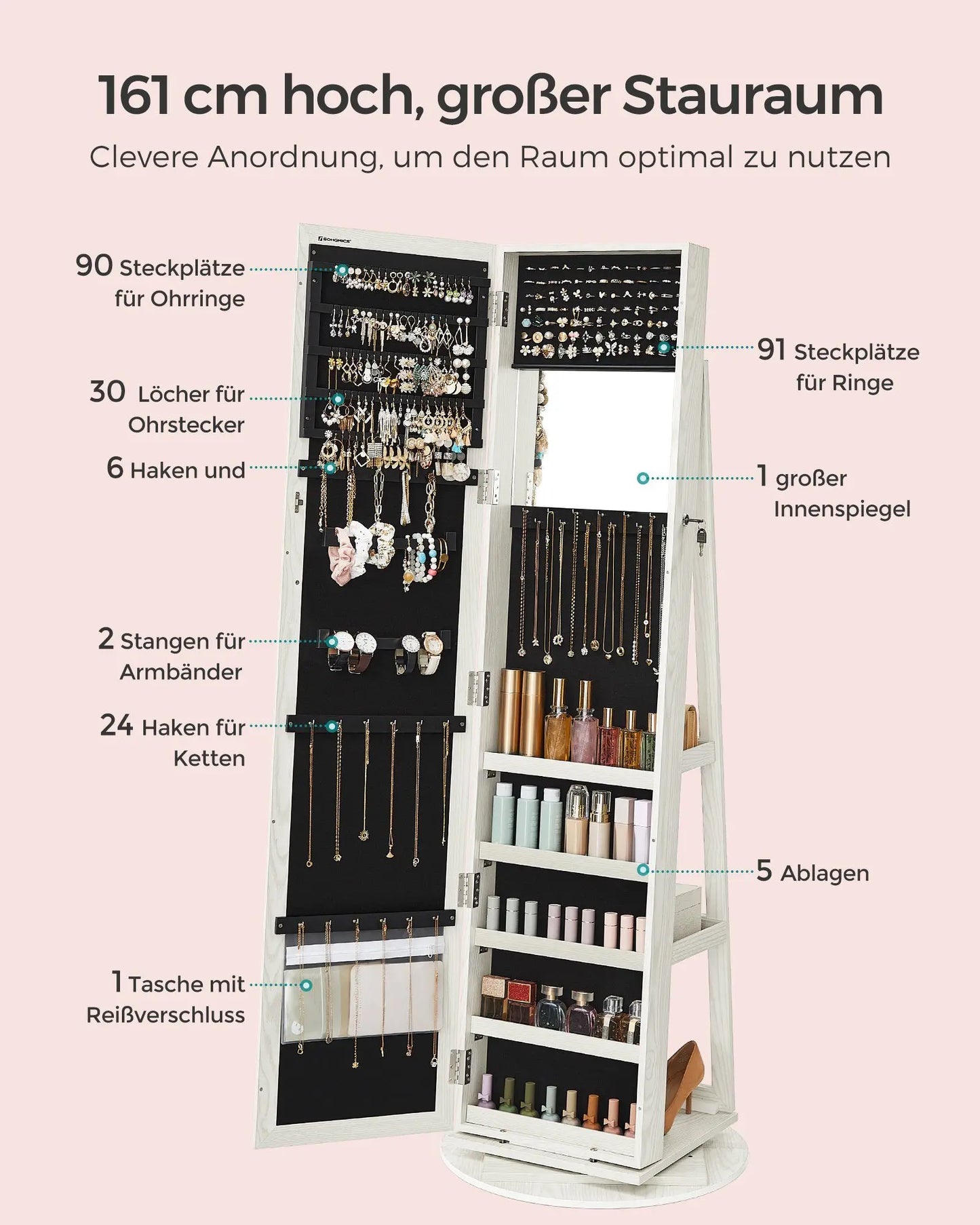 SpinLock 360° Rotatable Jewelry Cabinet with Full Mirror