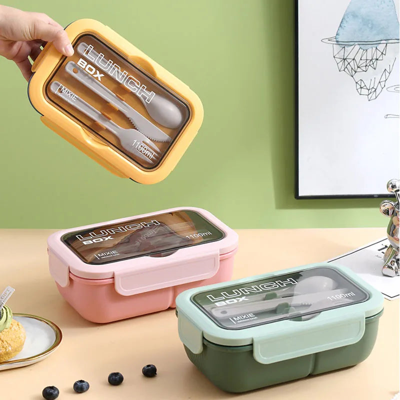 1100ML lunch box for adults and students, 3-compartment leakproof bento box with fork, spoon, and knife.