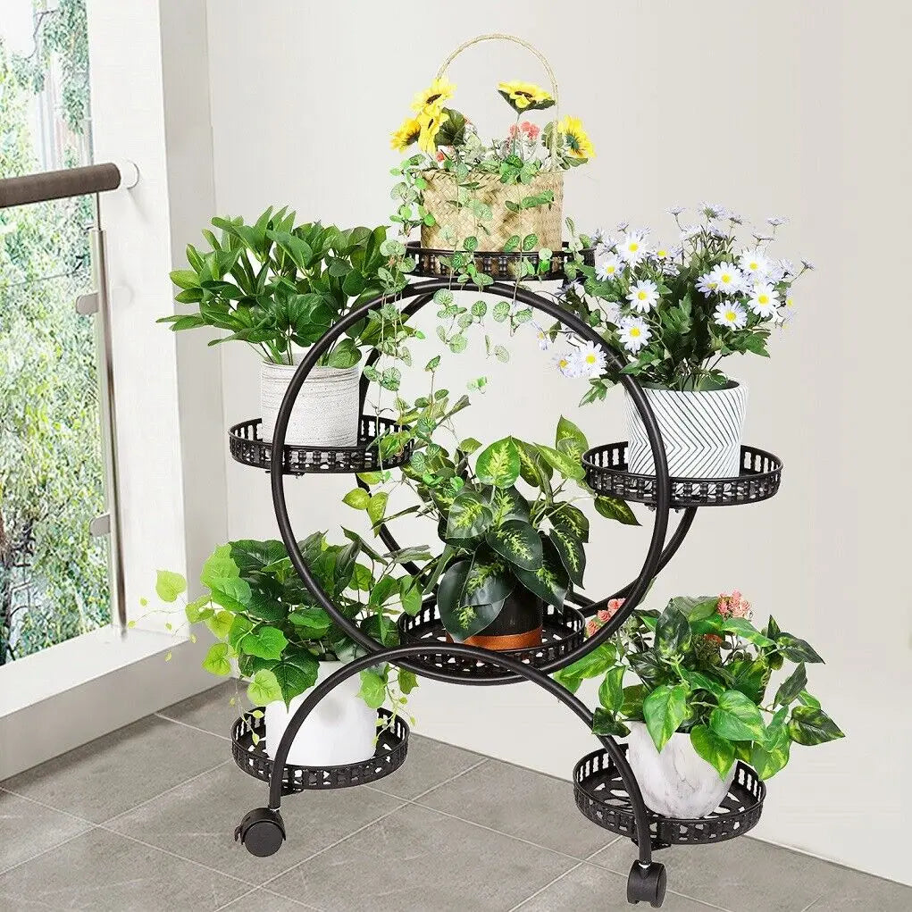 4 Layer 6 Pots Flower Holder Plant Stand Shelf 4-Wheel