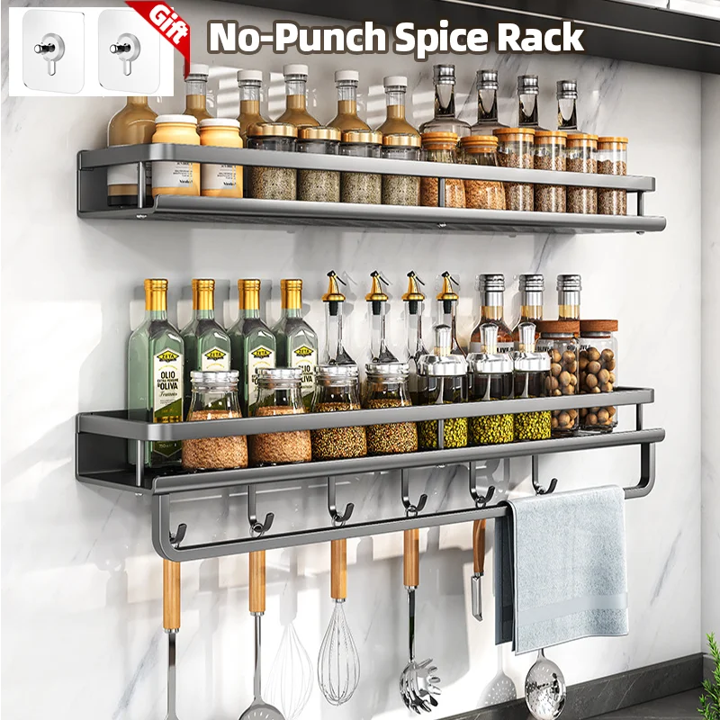 2Pcs Wall-Mounted Spice Rack – No-Drill Kitchen Organizer with Hooks