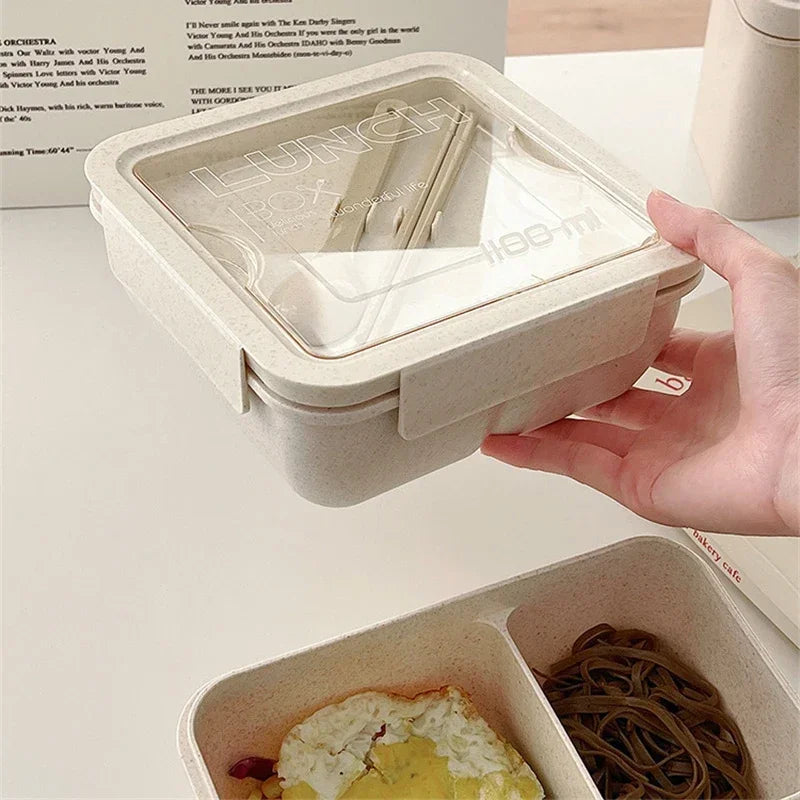 1100ml wheat straw lunch box, portable food storage container, bento box with spoon and chopsticks for kids and adults.