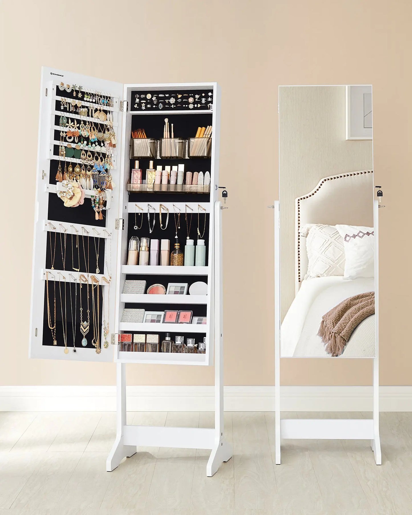 SecureView Standing Jewelry Cabinet with Mirror & Dual Organizers
