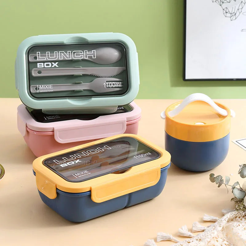 1100ML lunch box for adults and students, 3-compartment leakproof bento box with fork, spoon, and knife.