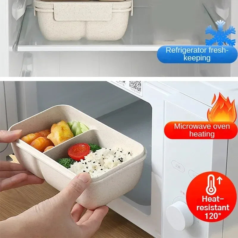 1pc wheat straw bento box, microwave-safe lunch box with partitions.
