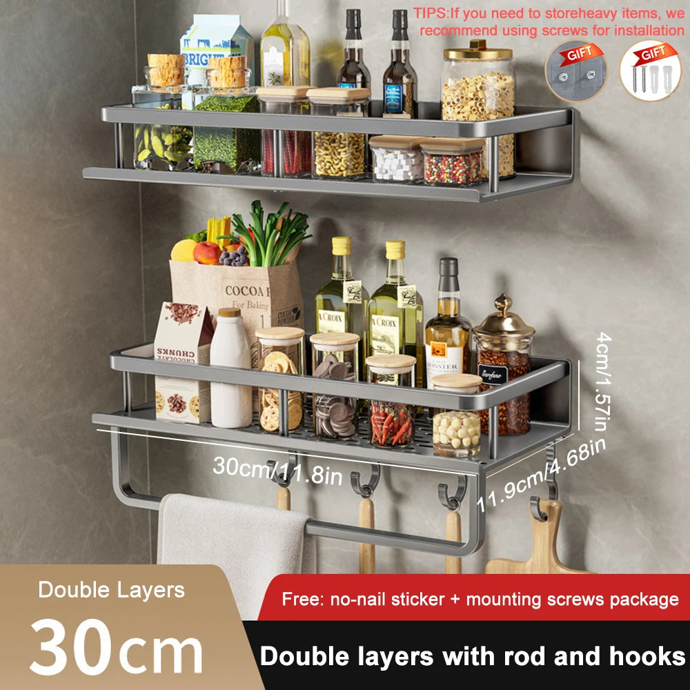 2Pcs Wall-Mounted Spice Rack – No-Drill Kitchen Organizer with Hooks