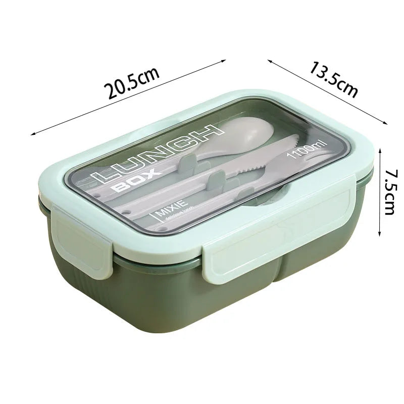 1100ML lunch box for adults and students, 3-compartment leakproof bento box with fork, spoon, and knife.