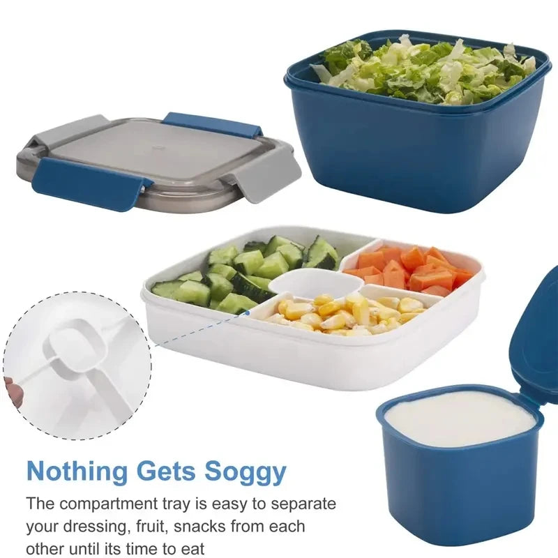 Salad lunch box, 37-oz bowl, 3 compartments, 2-oz sauce container for toppings or snacks.