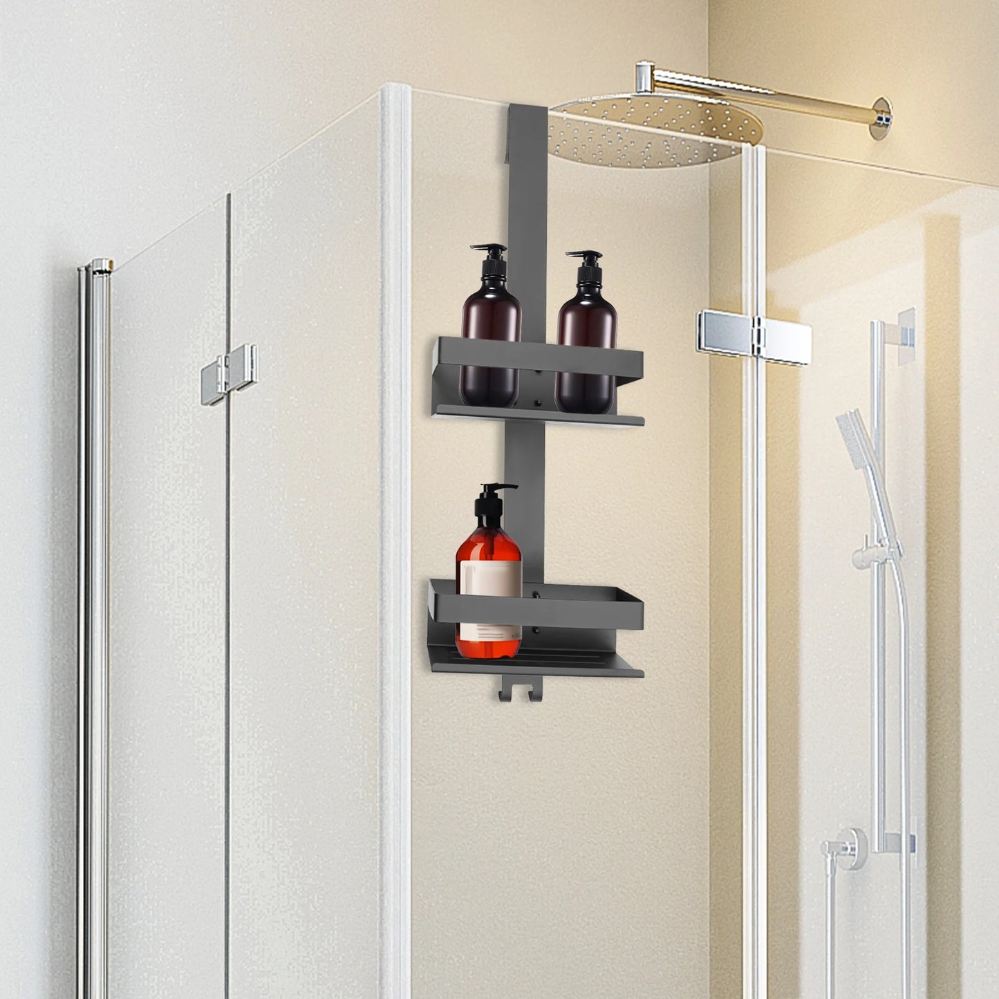 Double-Layer Black Stainless Steel Bathroom Shelf with Glass