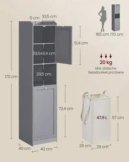 Tall bathroom cabinet with laundry bag