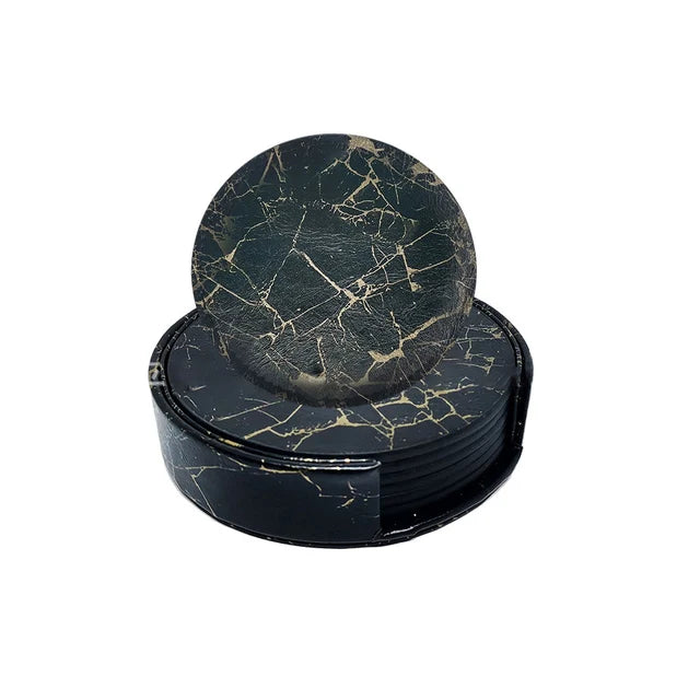 Marble-Style Heat-Resistant Leather Coasters – Set of 1/6