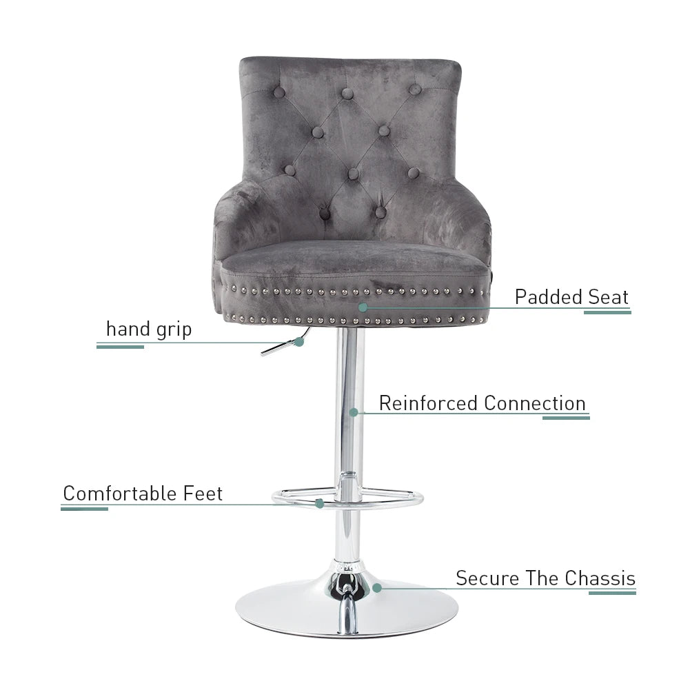 Verstelbare Chrome Barstoelen met Leeuwenklopper, Grijs/Zwart, Hoge Rug