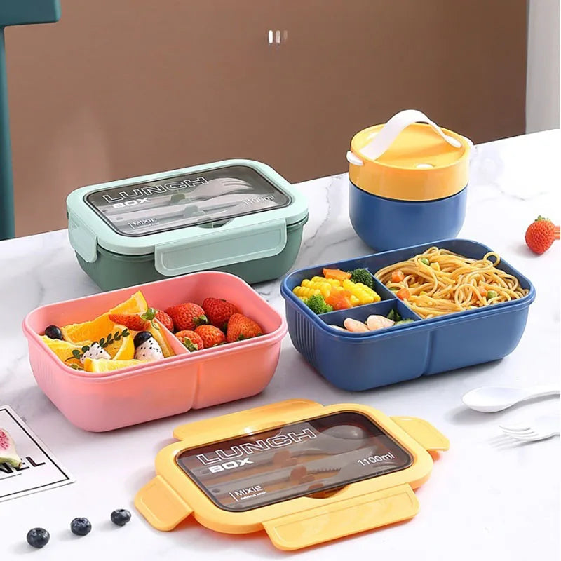 1100ML lunch box for adults and students, 3-compartment leakproof bento box with fork, spoon, and knife.