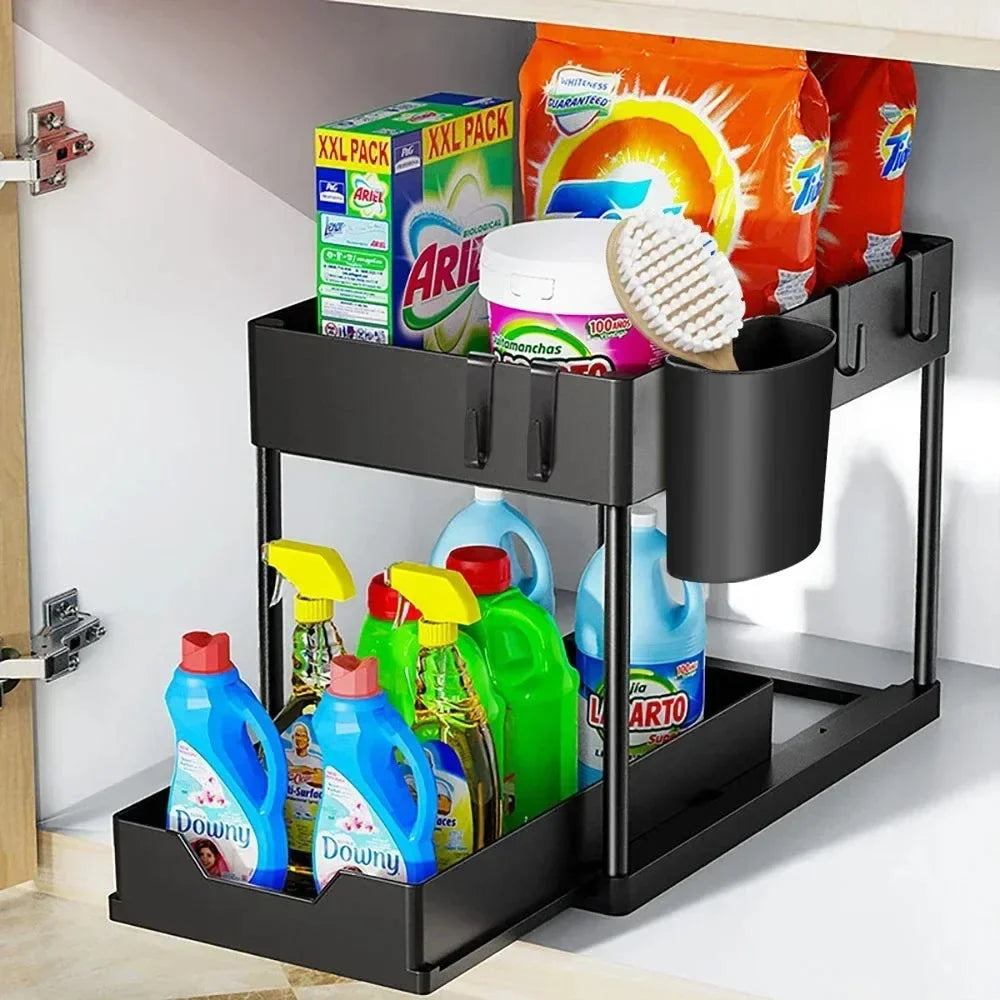 2-Tier Sliding Cabinet Organizer with Hooks – Bathroom & Kitchen Storage