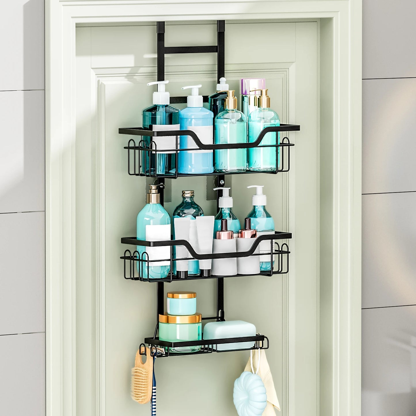1pc black over-door storage rack, punch-free.