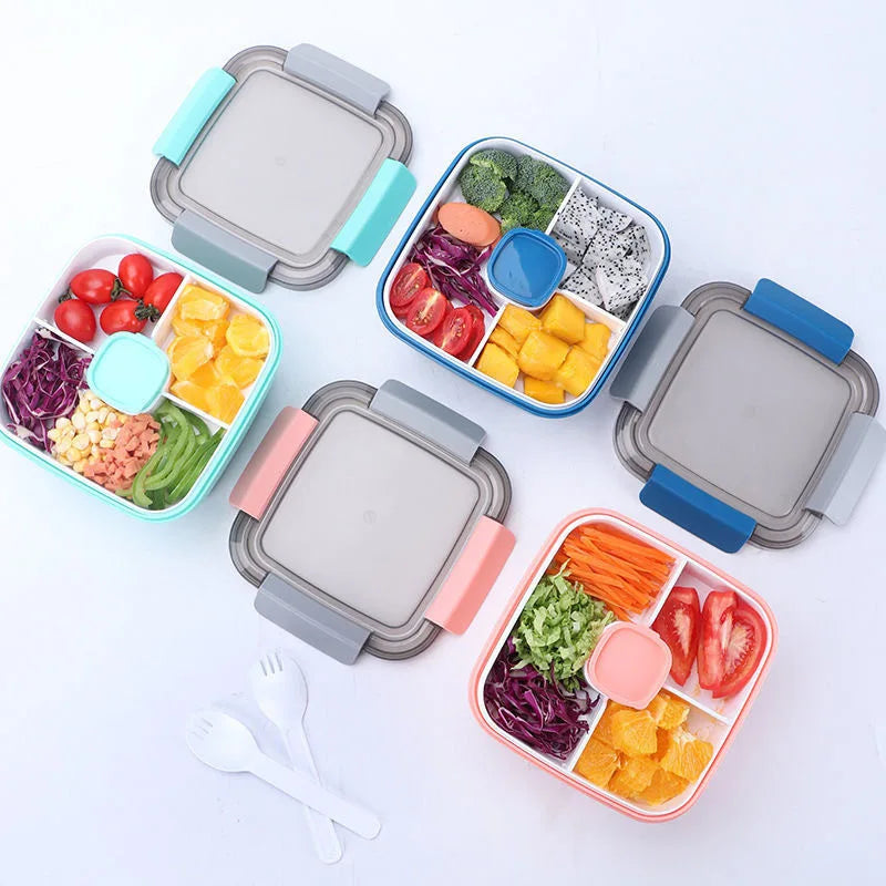 Salad lunch box, 37-oz bowl, 3 compartments, 2-oz sauce container for toppings or snacks.