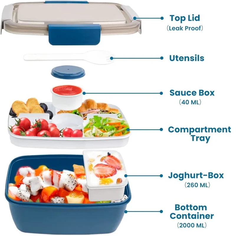 Large 4-Compartment Microwave-Safe Bento Box with Dressing Container