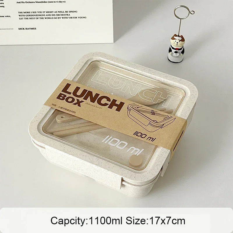 1100ml wheat straw lunch box, portable food storage container, bento box with spoon and chopsticks for kids and adults.