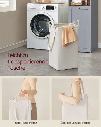 Tall bathroom cabinet with laundry bag