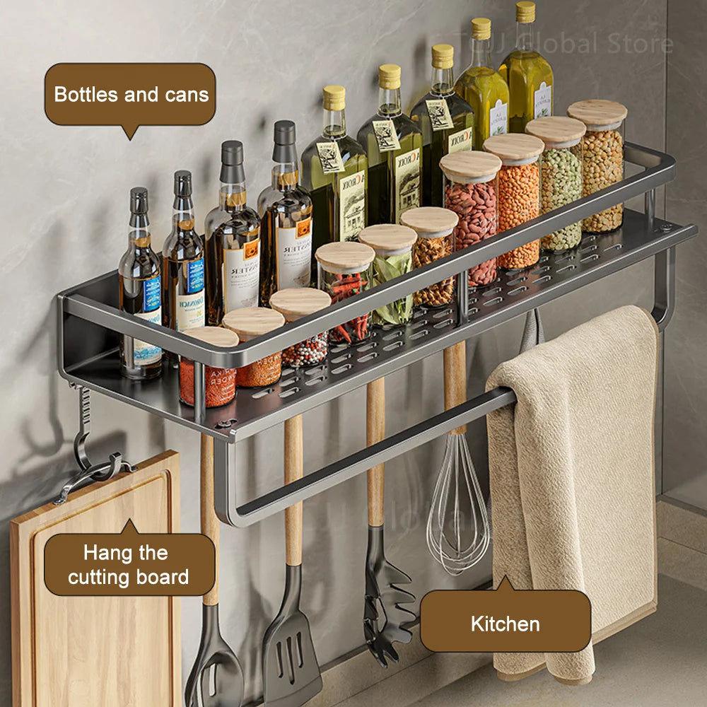 2Pcs Wall-Mounted Spice Rack – No-Drill Kitchen Organizer with Hooks