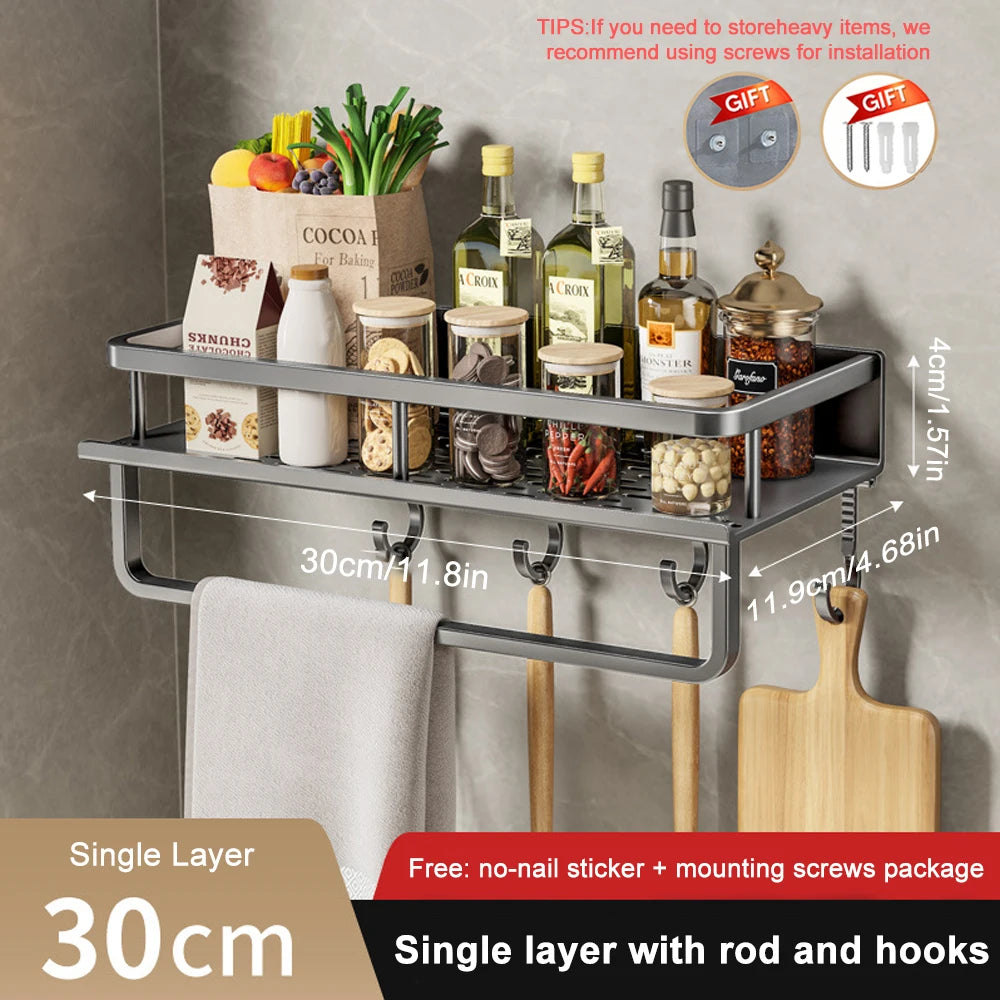 2Pcs Wall-Mounted Spice Rack – No-Drill Kitchen Organizer with Hooks