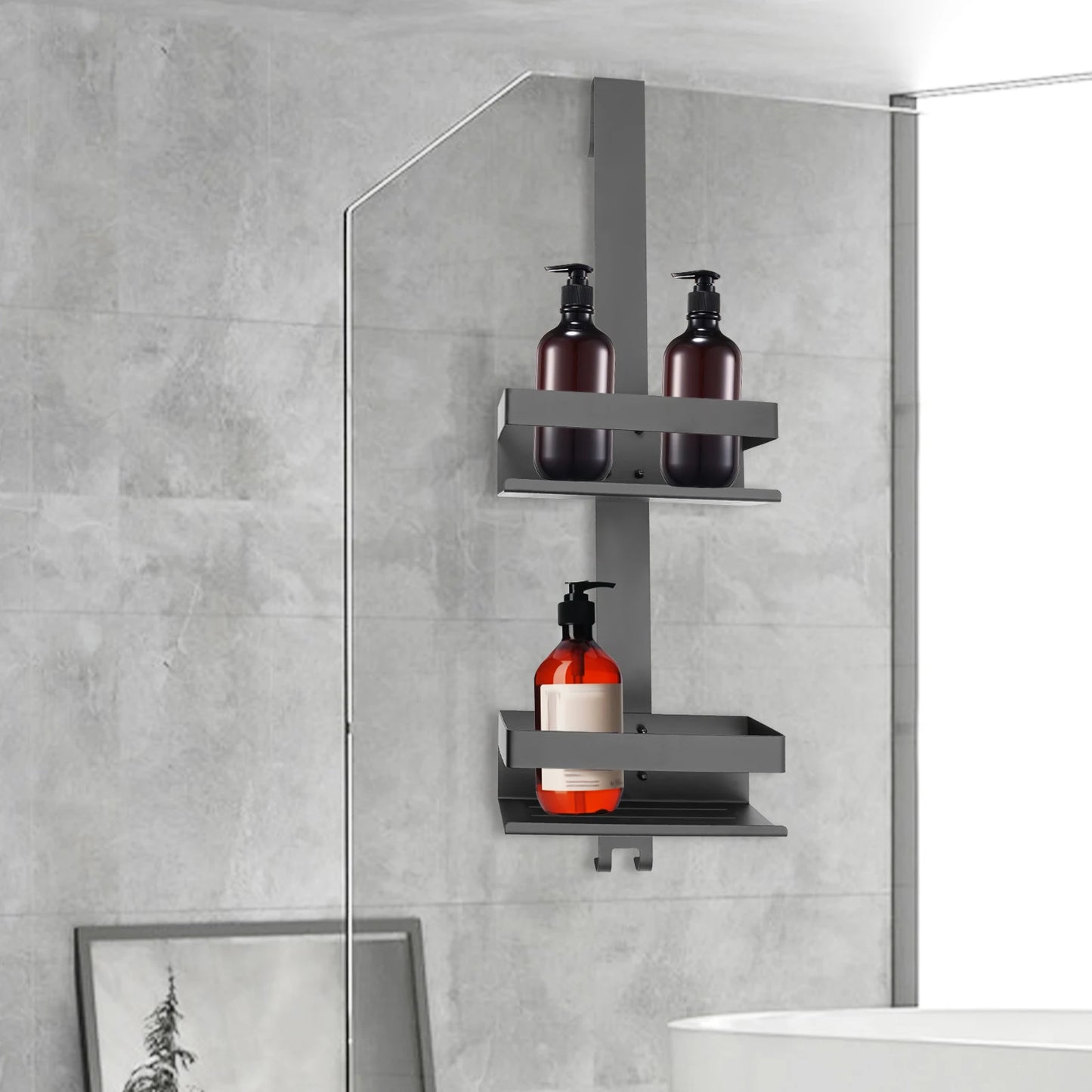 Double-Layer Black Stainless Steel Bathroom Shelf with Glass