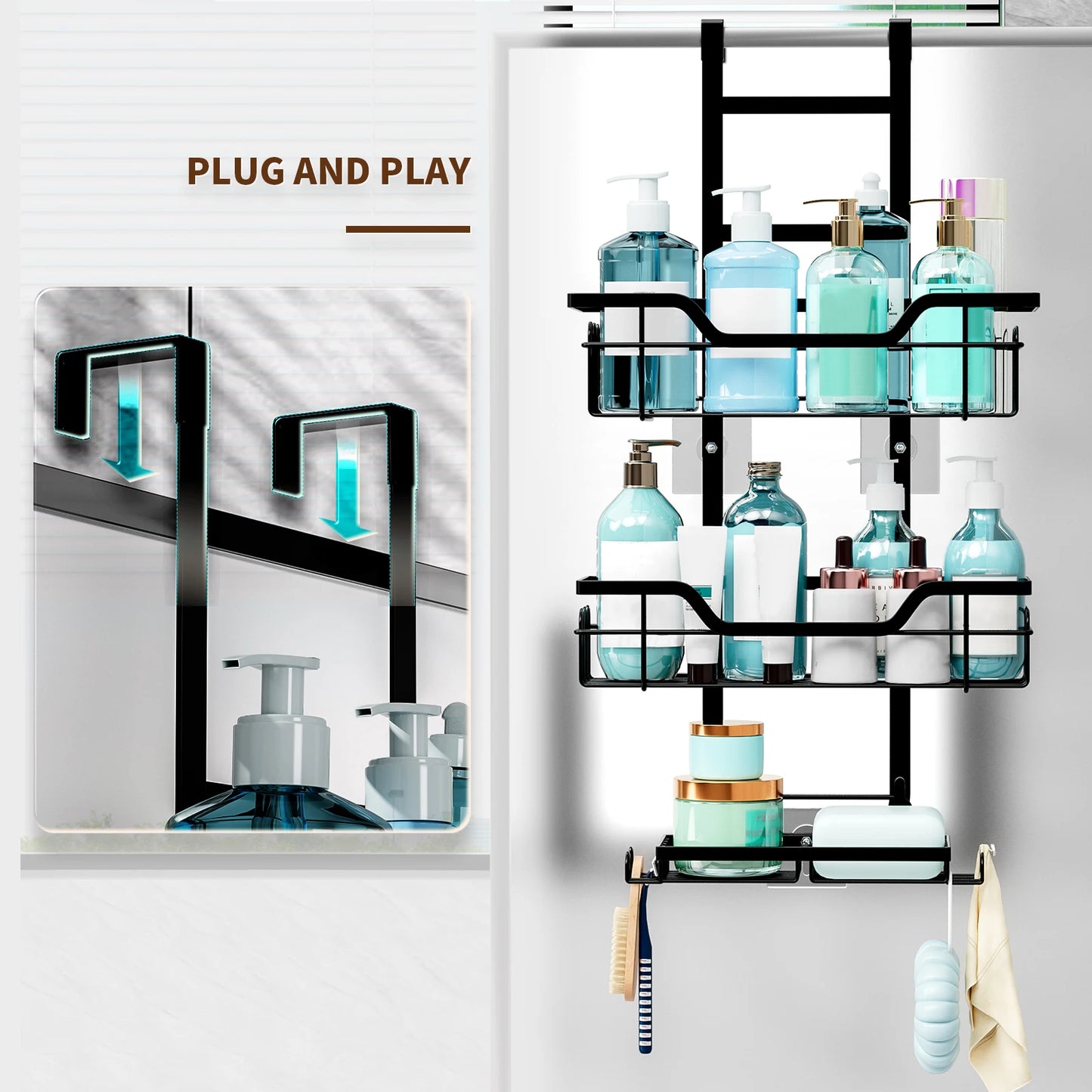 1pc black over-door storage rack, punch-free.