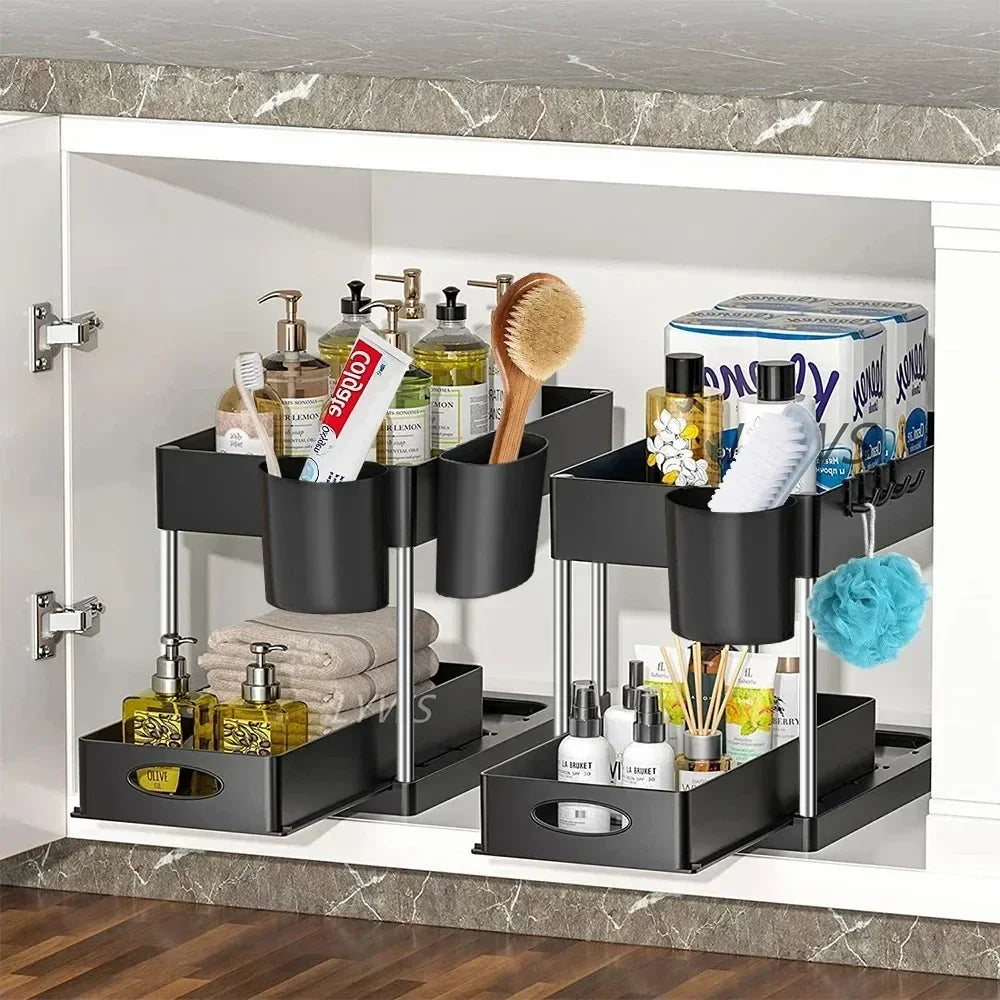 2-Tier Sliding Cabinet Organizer with Hooks – Bathroom & Kitchen Storage