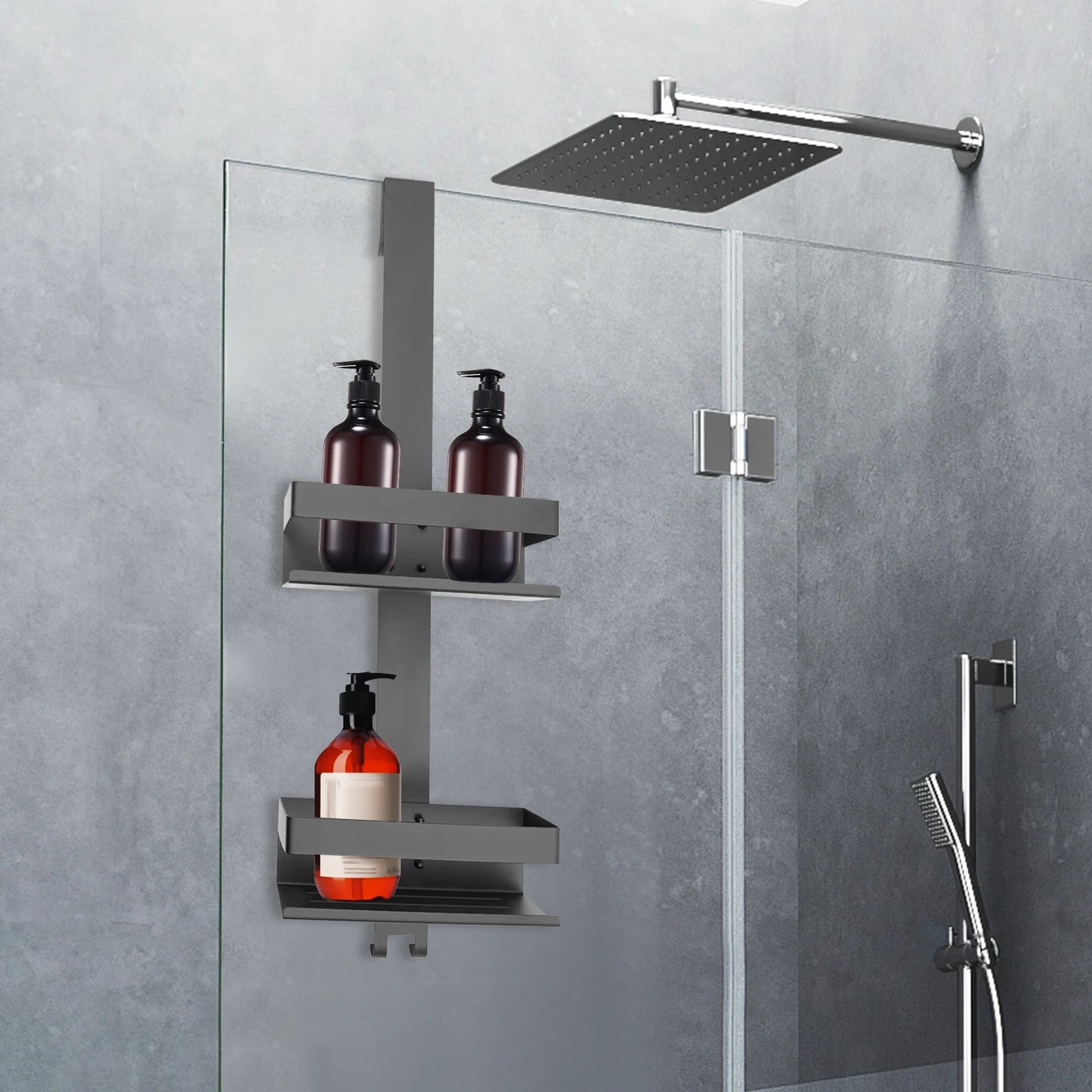 Double-Layer Black Stainless Steel Bathroom Shelf with Glass