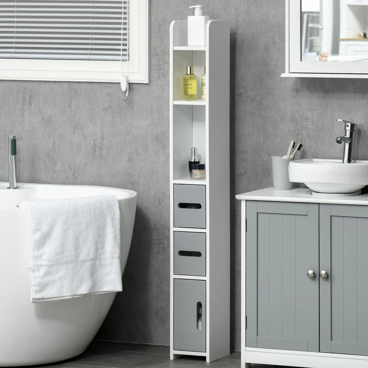High bathroom cabinet with 3 doors and 3 shelves 15x17x120 cm Gray