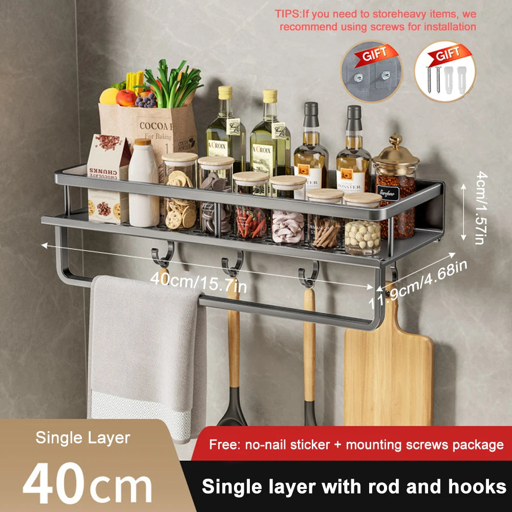 2Pcs Wall-Mounted Spice Rack – No-Drill Kitchen Organizer with Hooks