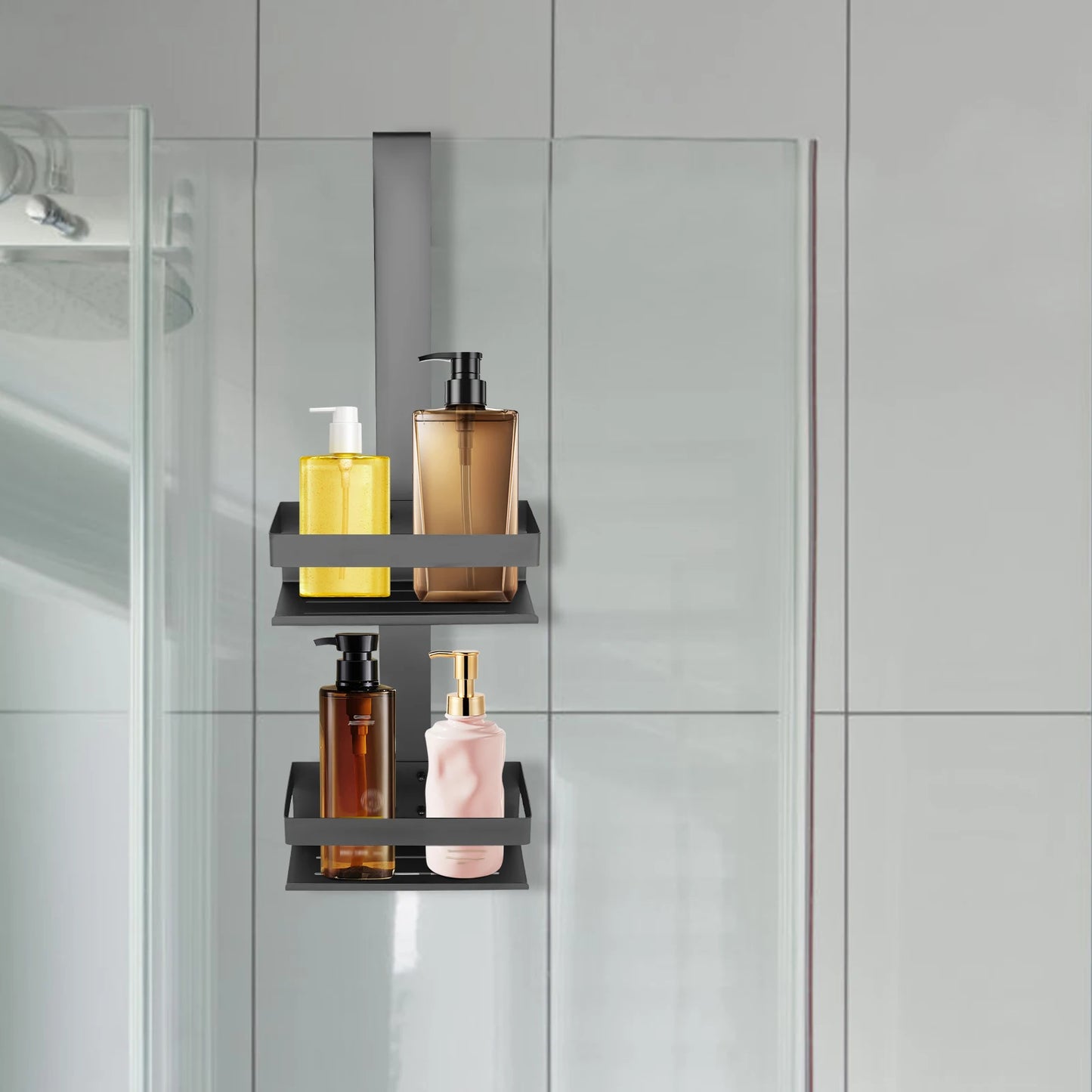 Double-Layer Black Stainless Steel Bathroom Shelf with Glass