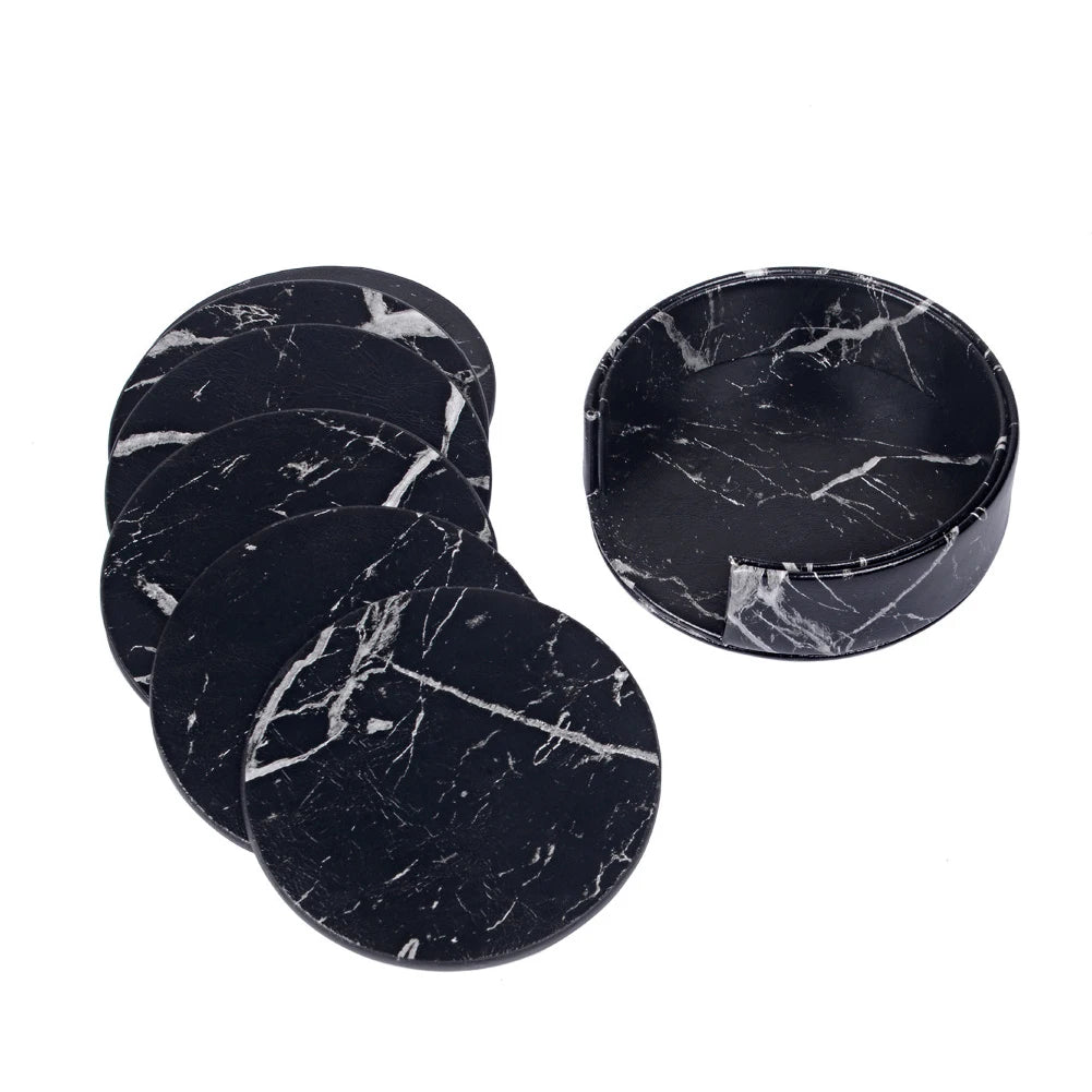 Marble-Style Heat-Resistant Leather Coasters – Set of 1/6