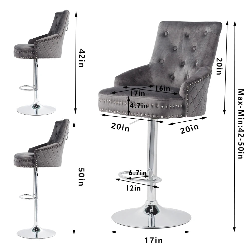 Verstelbare Chrome Barstoelen met Leeuwenklopper, Grijs/Zwart, Hoge Rug