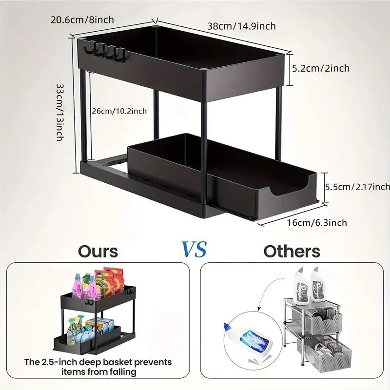 2-Tier Sliding Cabinet Organizer with Hooks – Bathroom & Kitchen Storage