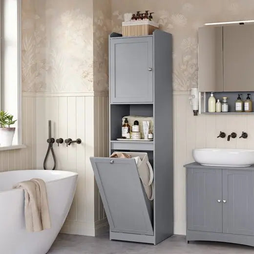 Tall bathroom cabinet with laundry bag