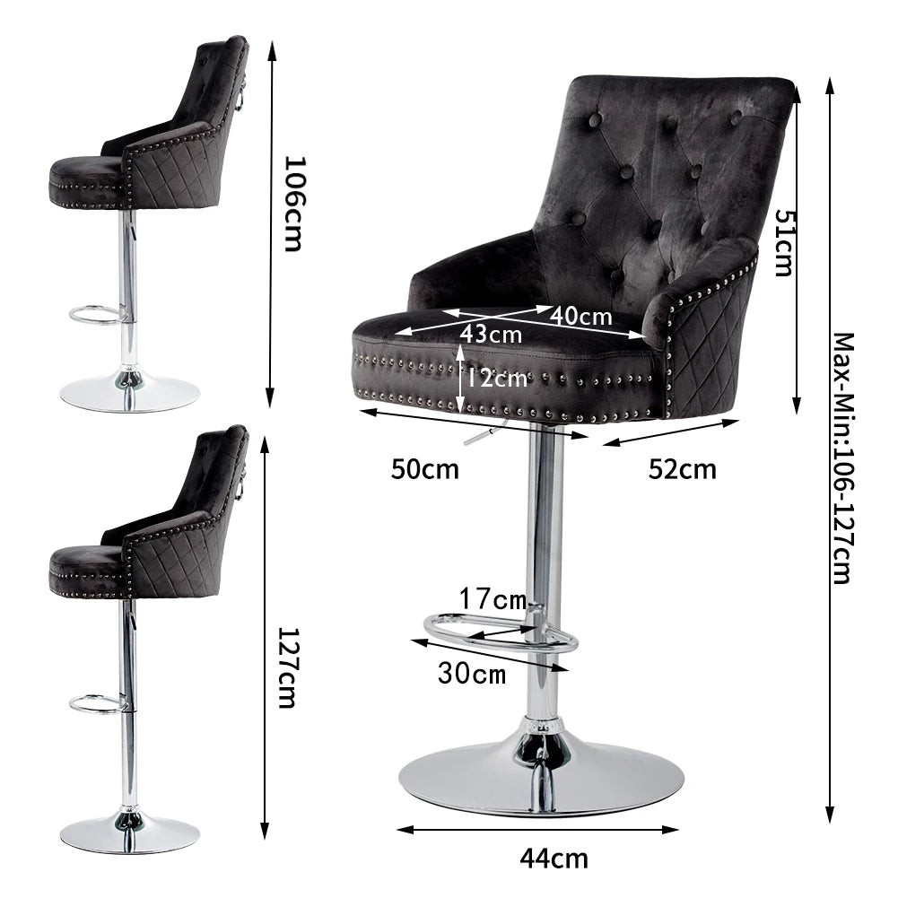 Verstelbare Chrome Barstoelen met Leeuwenklopper, Grijs/Zwart, Hoge Rug