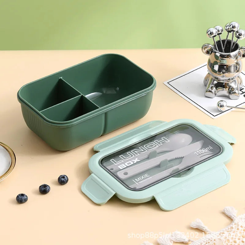 1100ML lunch box for adults and students, 3-compartment leakproof bento box with fork, spoon, and knife.