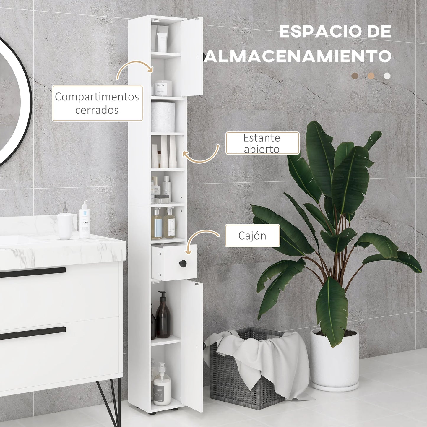 Slim Bathroom Cabinet with Drawer and Shelves - Compact White Storage Unit