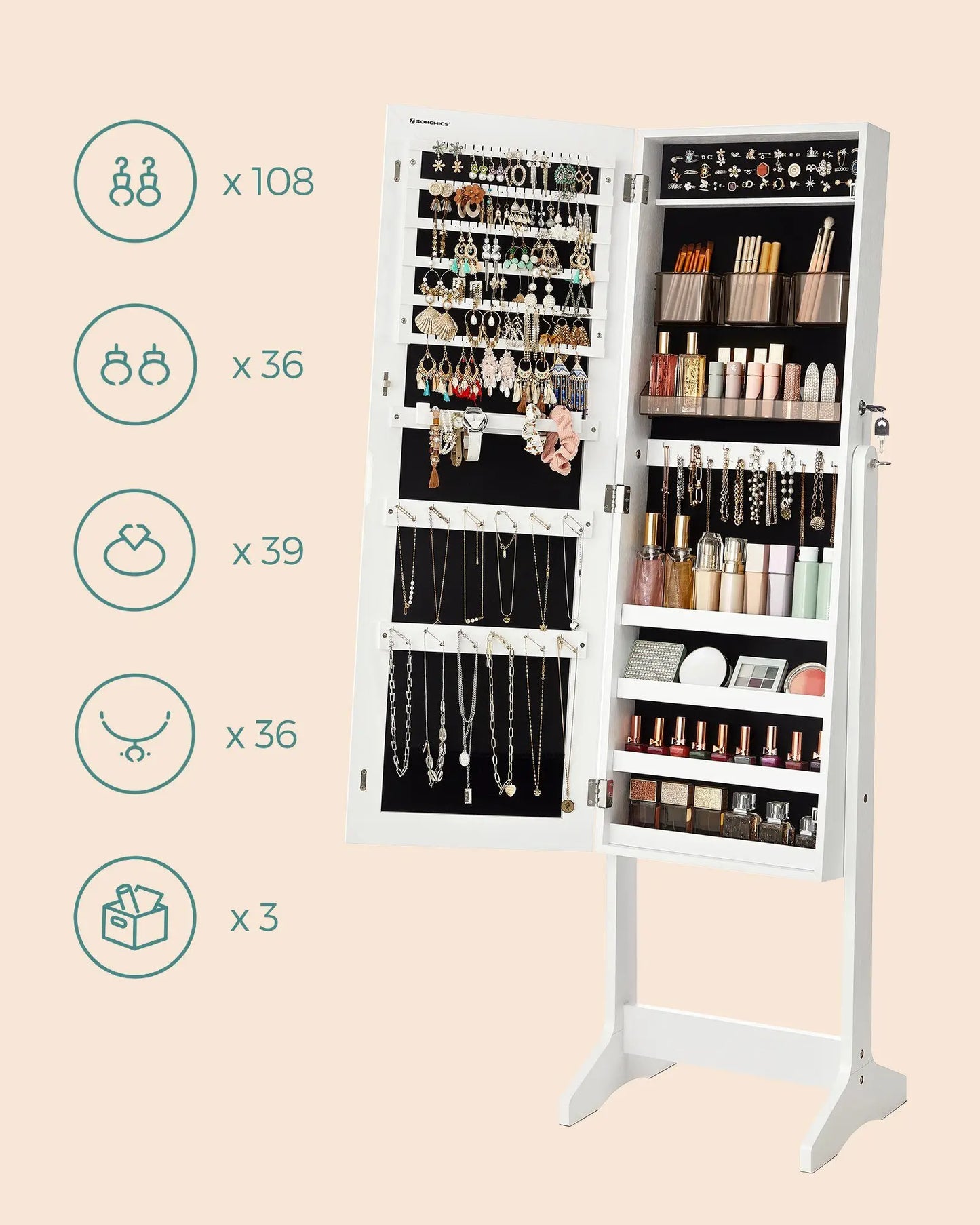 SecureView Standing Jewelry Cabinet with Mirror & Dual Organizers