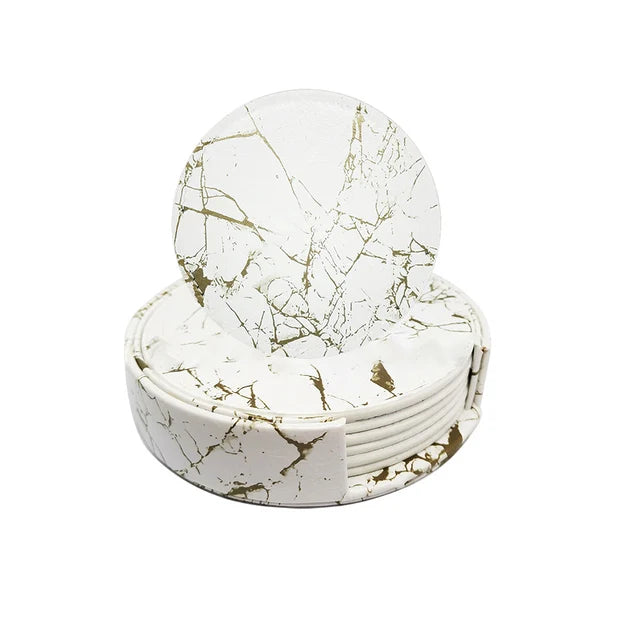 Marble-Style Heat-Resistant Leather Coasters – Set of 1/6