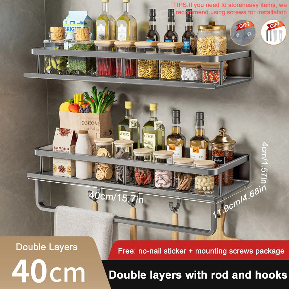 2Pcs Wall-Mounted Spice Rack – No-Drill Kitchen Organizer with Hooks