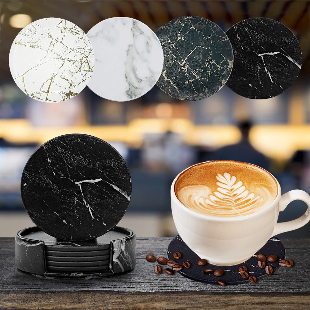 Marble-Style Heat-Resistant Leather Coasters – Set of 1/6