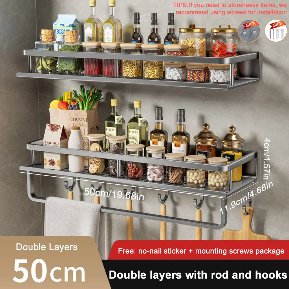 2Pcs Wall-Mounted Spice Rack – No-Drill Kitchen Organizer with Hooks