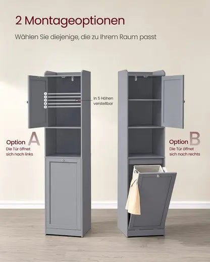 Tall bathroom cabinet with laundry bag