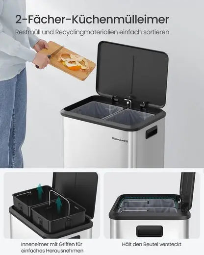 EcoSort 2x15L Kitchen Bin with Recycling & Waste Compartments
