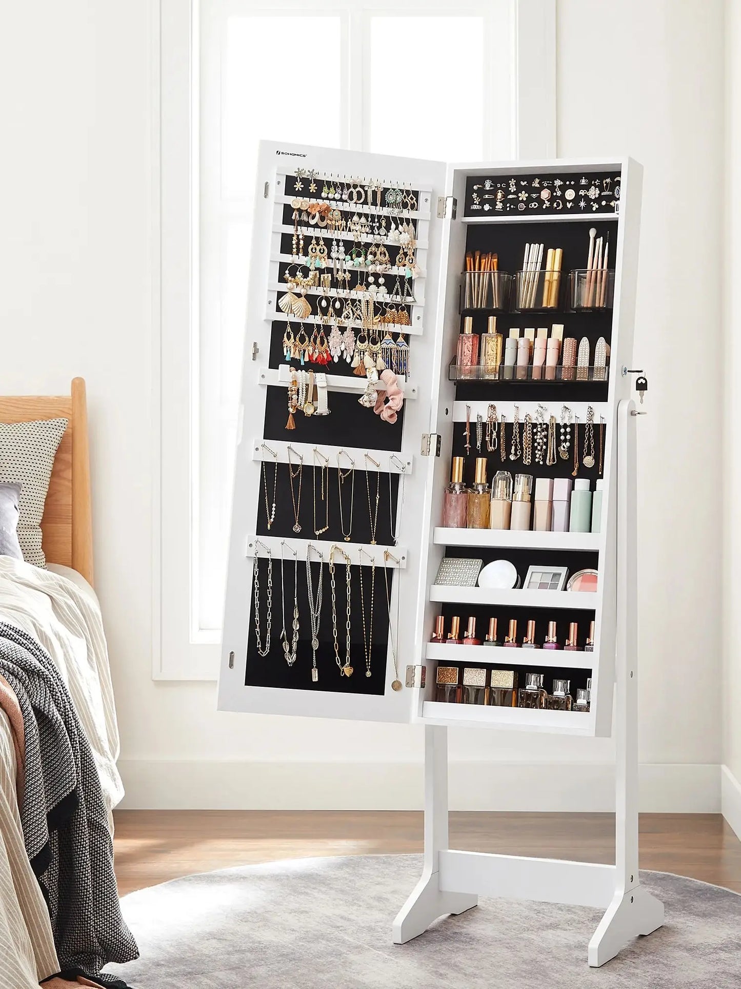 SecureView Standing Jewelry Cabinet with Mirror & Dual Organizers