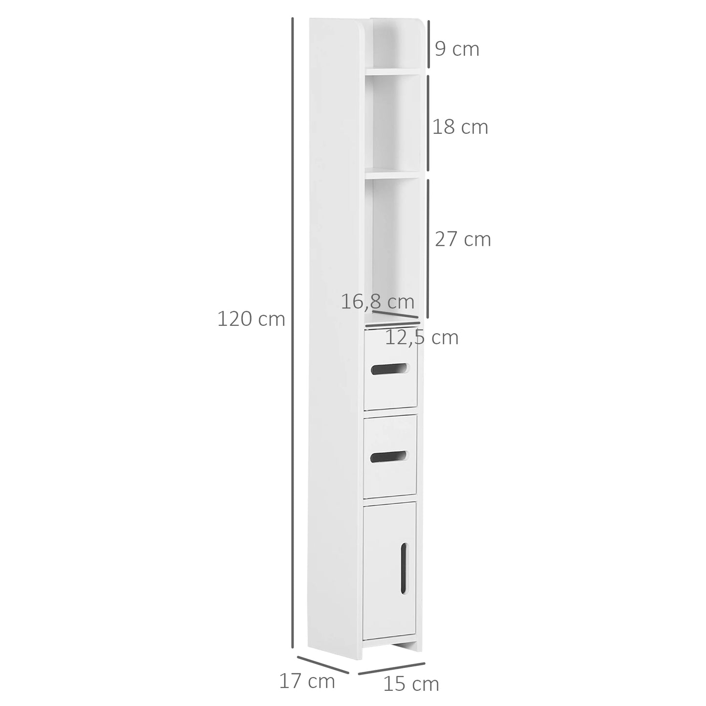 Tall Bathroom Cabinet – 3 Doors & 3 Shelves, 15x17x120 cm, White